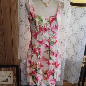 Lauren Ralph Lauren White Mini Dress with Pink Floral and Green Leaves